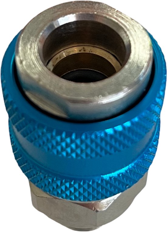 Blauwe euro snelkoppeling met 1/4 duims uitwendige schroefdraad en zilverkleurige metalen details.