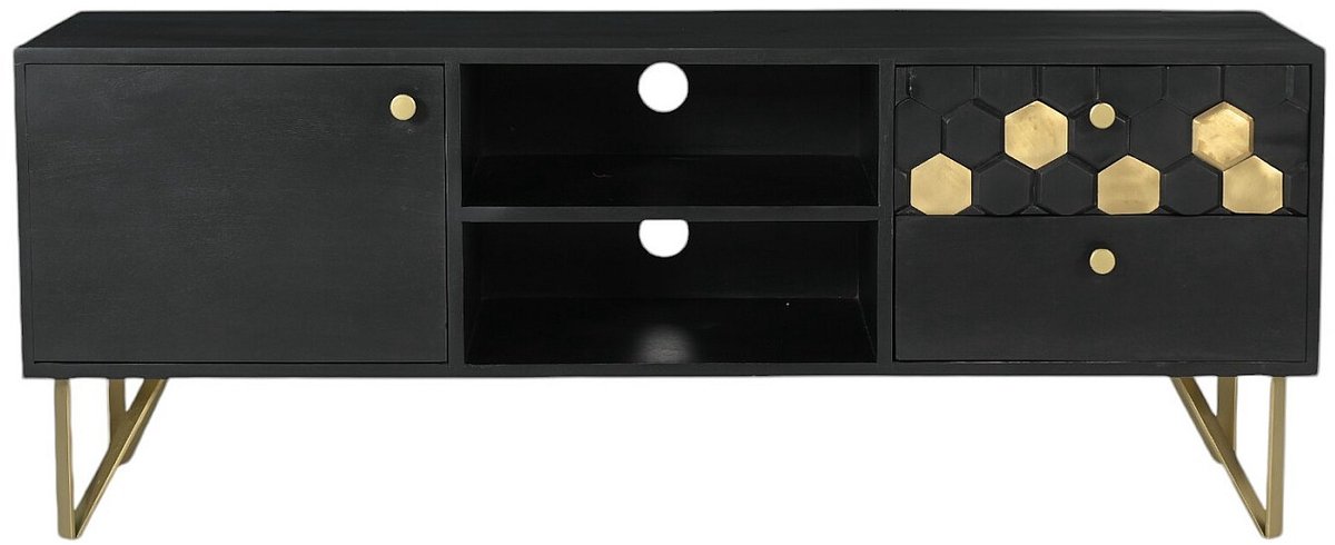 Vente-unique Tv-meubel met 1 deur, 2 lades en 2 nissen van mangohout en metaal - Zwart en goudkleurig - BELORI