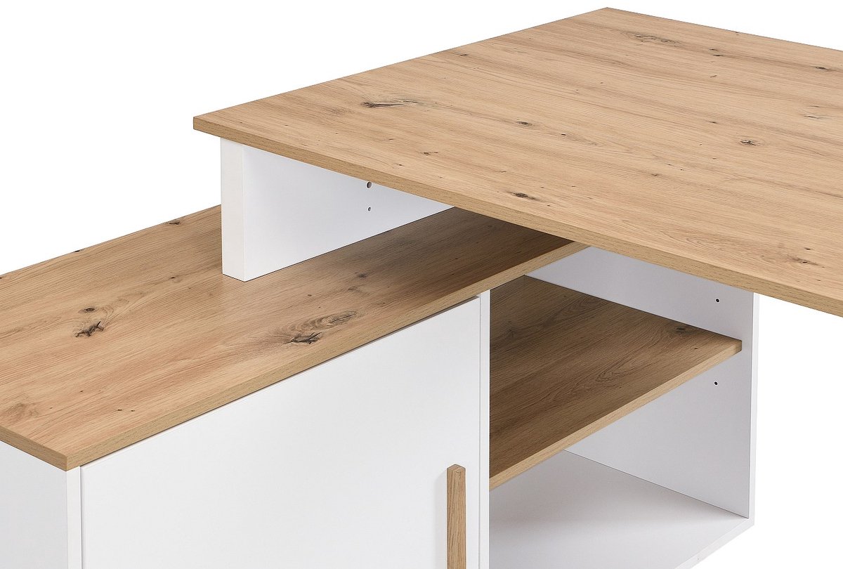 Vente-unique Hoekbureau met opbergruimte - MDF - Wit en naturel - ROMIARA