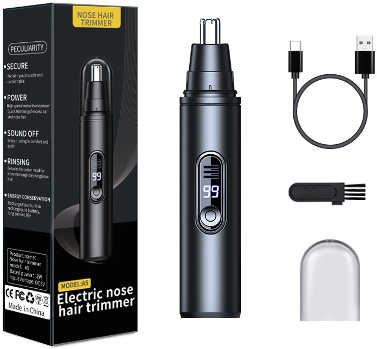 Gloovon® - Neustrimmer Premium - Oorhaar trimmer - Batterijvertoning - Oplaadbaar - Mannen & Vrouwen - Zwart