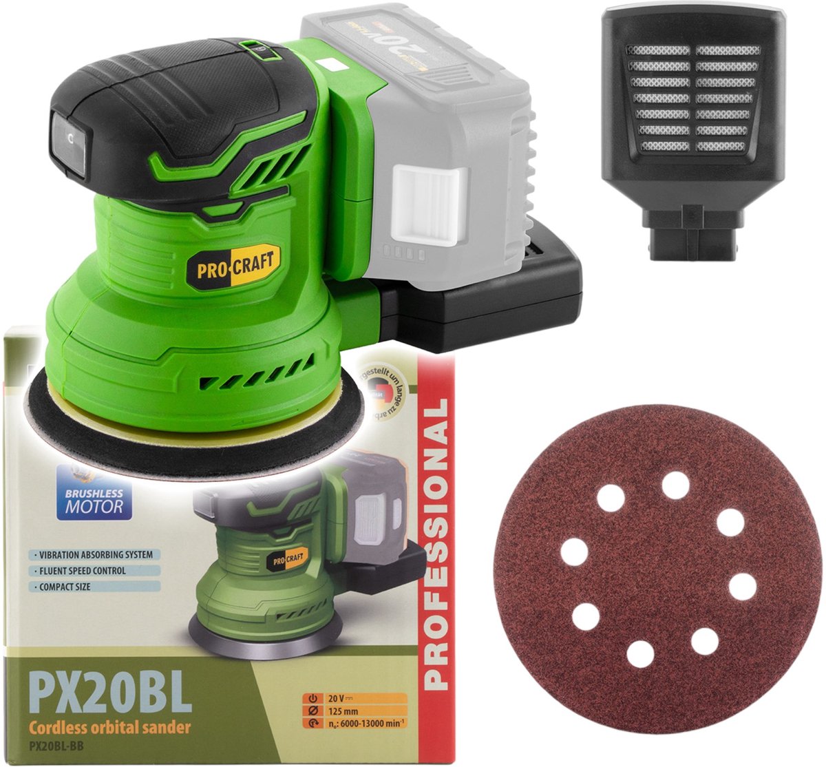Procraft PX20BLbb accu-excentrische schuurmachine 20 V 125 mm borstelloos Solo - zonder accu, zonder oplader