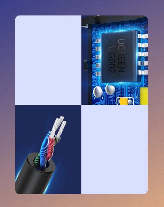 Gedetailleerde foto van de printplaat en kabel van de Ugreen adapter.
