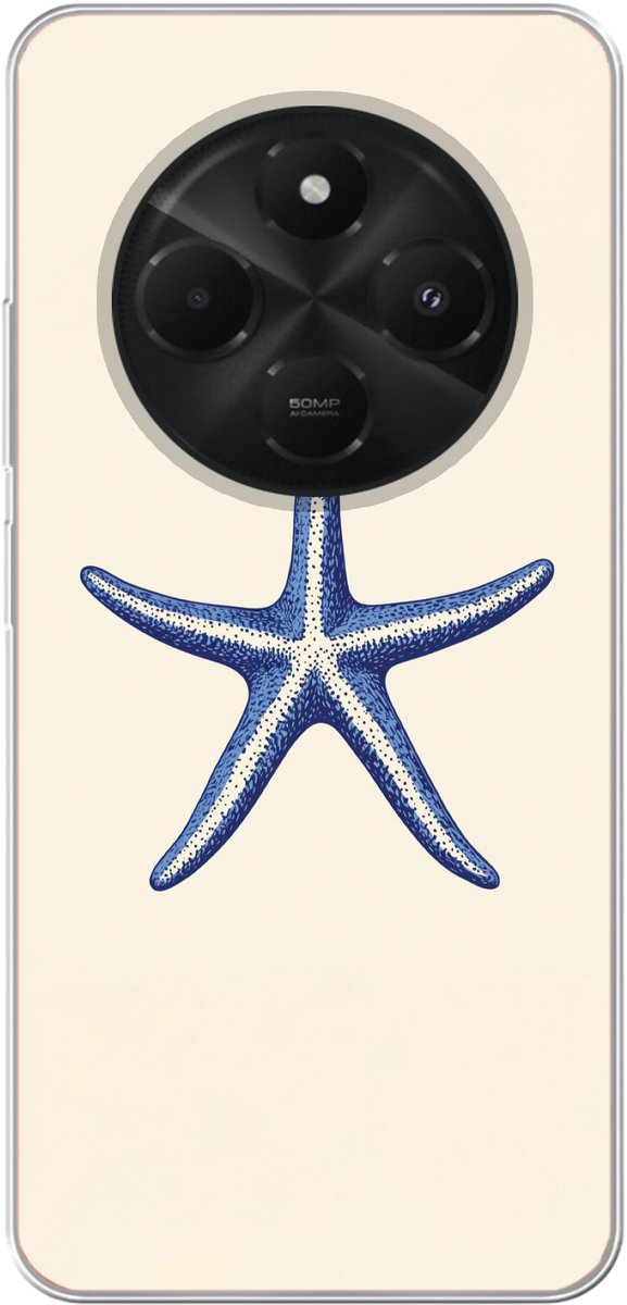 Telefoonhoesje Geschikt voor Xiaomi Geschikt voor Poco C75 hoesje - Blauwe zeester - Minimalistisch - Beige - Siliconen Telefoonhoesje Telefoonhoesje