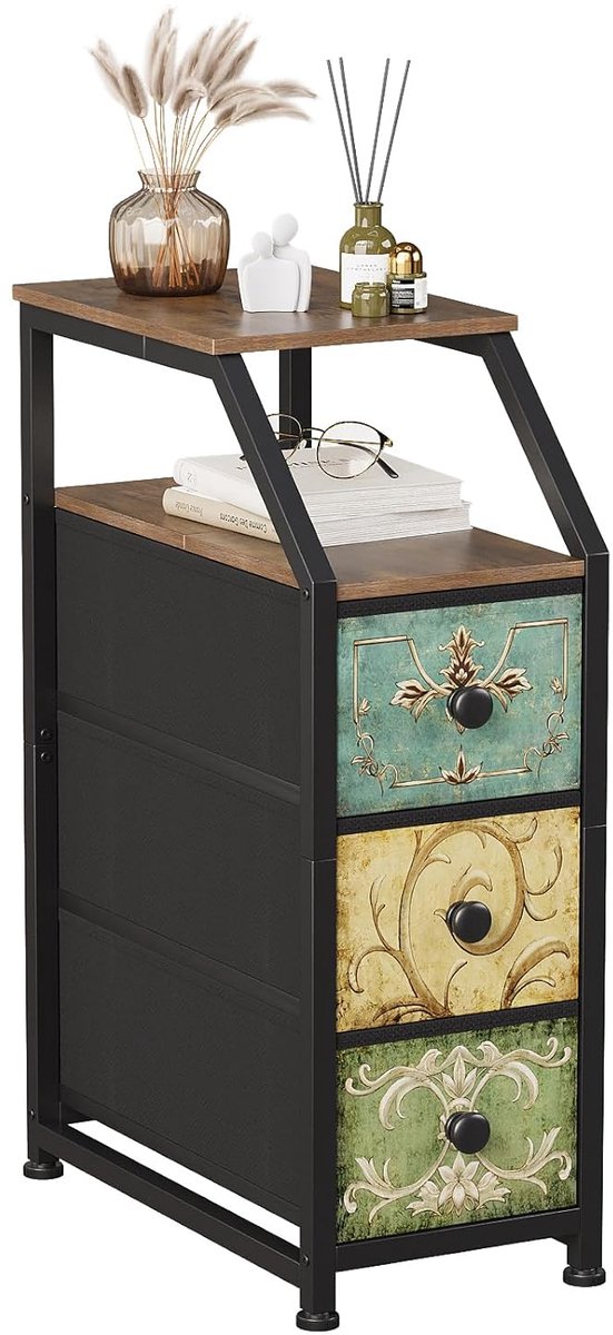 TRANKIELO® - Smalle commode met 3 laden - Vintage bloemenpatroon - Ideaal voor kleine ruimtes, stabiele structuur