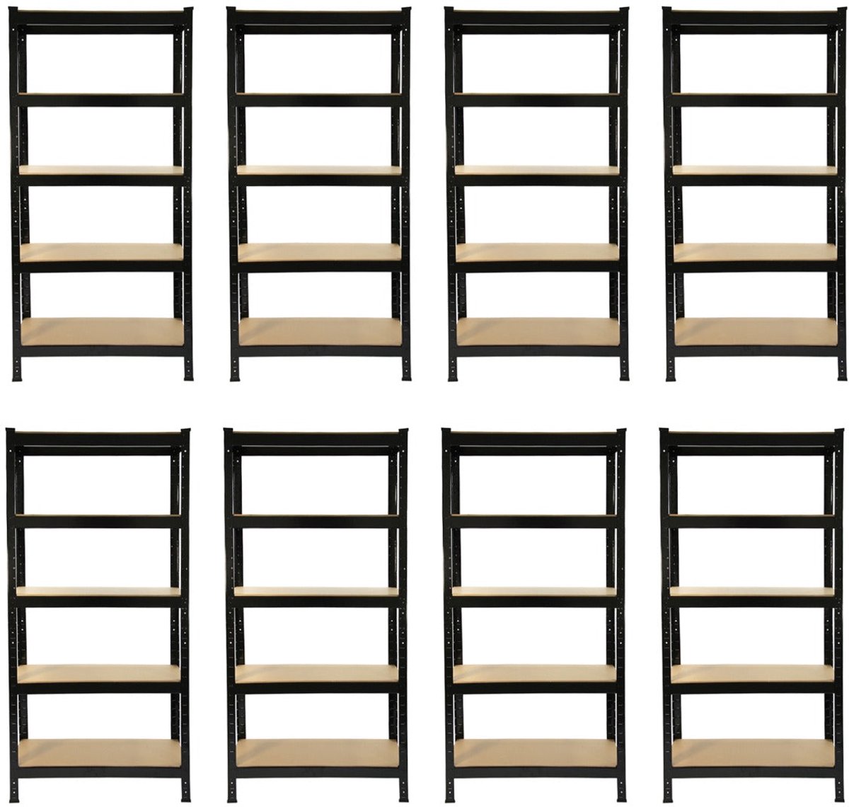 8x stalen rekken met 5 lagen, 150kg per plank, 75x150x30cm, incl. rubberhamer