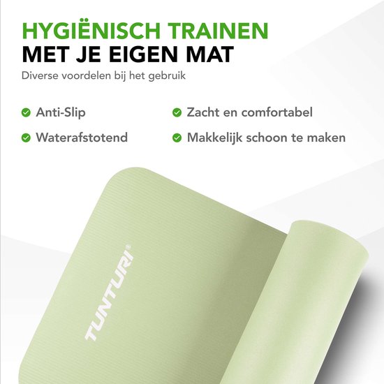 Lichtgroene Tunturi yogamat, waterafstotend en anti-slip. "Hygiënisch trainen met je eigen mat"