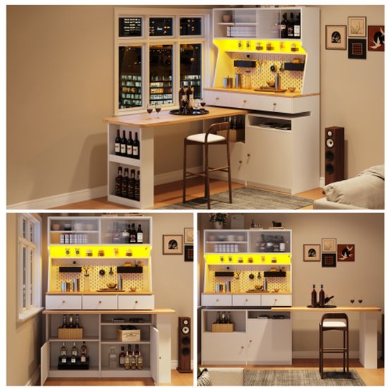 Kebnor Keukenkast, 140 x 40 x 175 cm, hoge kast, keukenbuffet, vitrinekast, buffetkast met verstelbare planken, dressoir met ledverlichting, variabele lichtkleuren (zwart