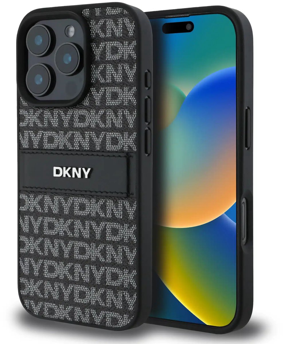DKNY - Backcover iPhone 16 Pro Max - PU Leather Repeat Pattern Tonal Stripe - Zwart