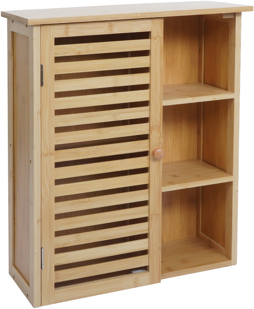 Hangkast MCW-O73, badkamerkast, badkamerkast, deuren, opbergvakken, bamboe, 60x50x19cm