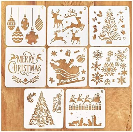 Modèles de Noël, lot de 8 pochoirs de dessin et de peinture en plastique, réutilisables, pour scrapbooking, albums photo, cartes cadeaux à faire soi-même, cadeaux de Noël pour enfants
