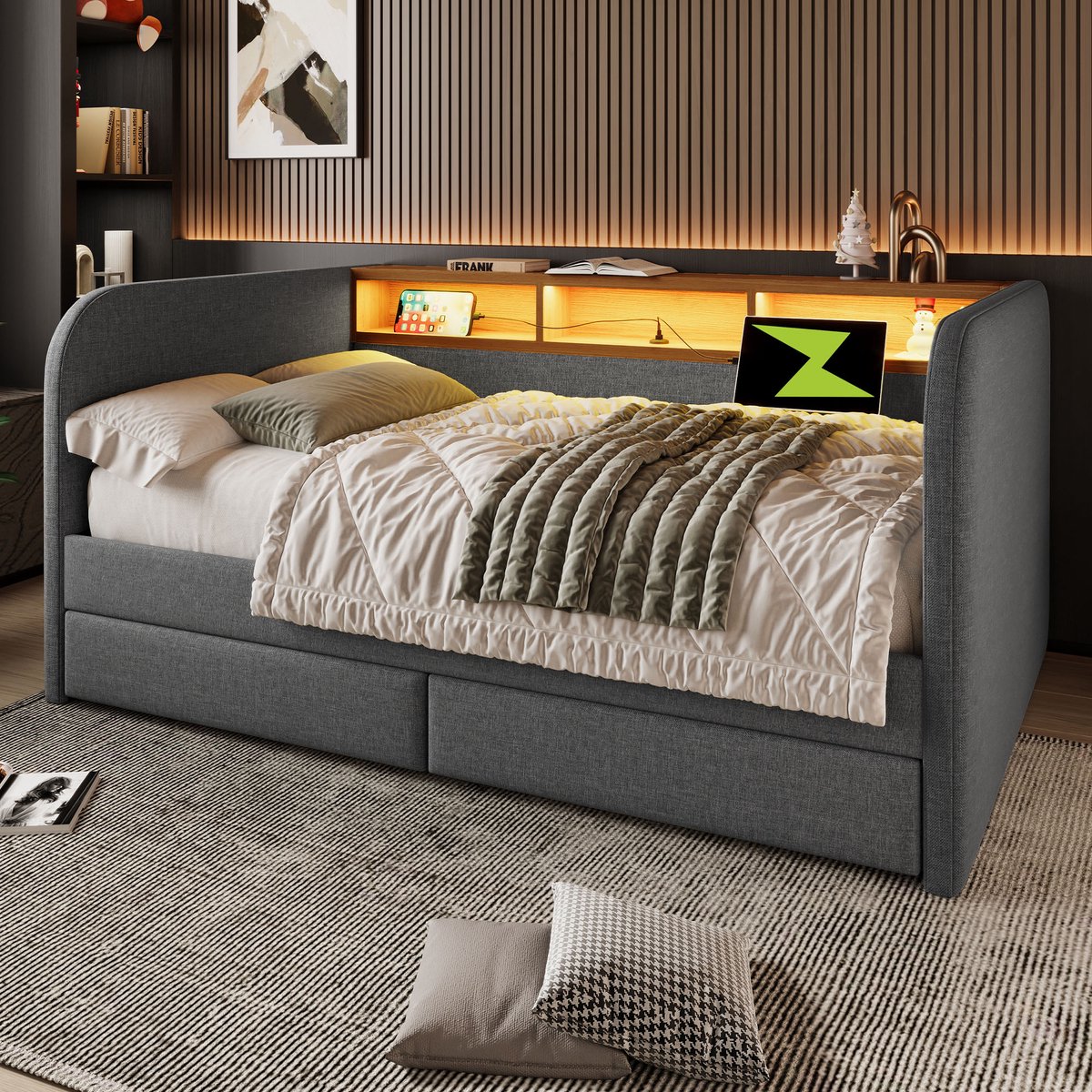 Merax Gestoffeerd bed 140x190 cm - slaapbank met LED- en USB-C-oplaadfunctie - met 2 lades en opberghoofdbord - grijs - zonder matras