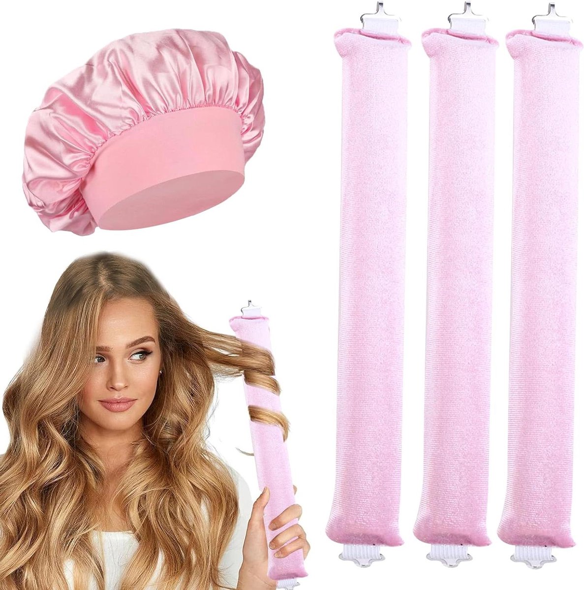CSGoods - Set van 3 Heatless Krullen Rollers voor Haar - Haarpasta voor Zachte Haarkrullen 's Nachts - Inclusief Haakhaken en Satijnen Haarkap - Geschikt voor Lang en Kort Haar - Roze