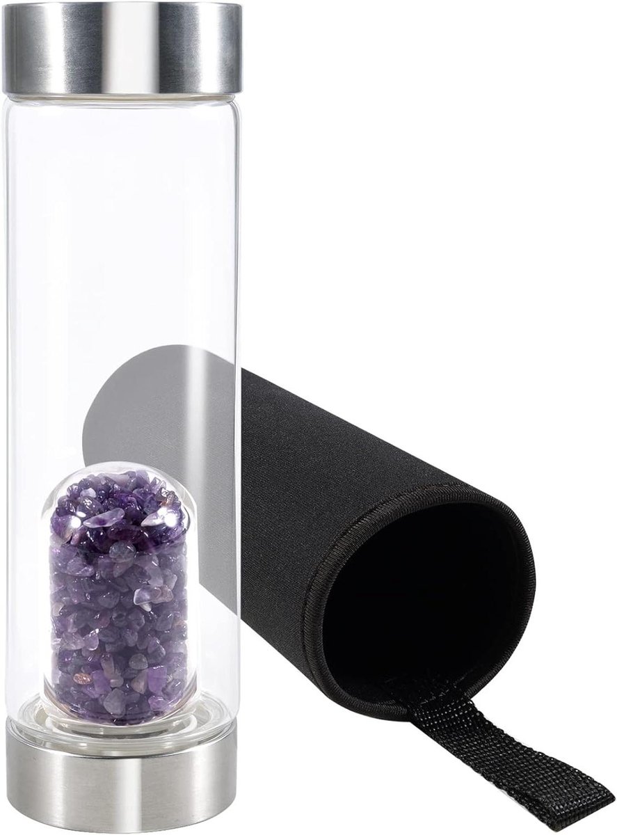 Provento - Glazen waterfles met kristalpatroon en verwijderbare beschermhoes - paars - 550 ml