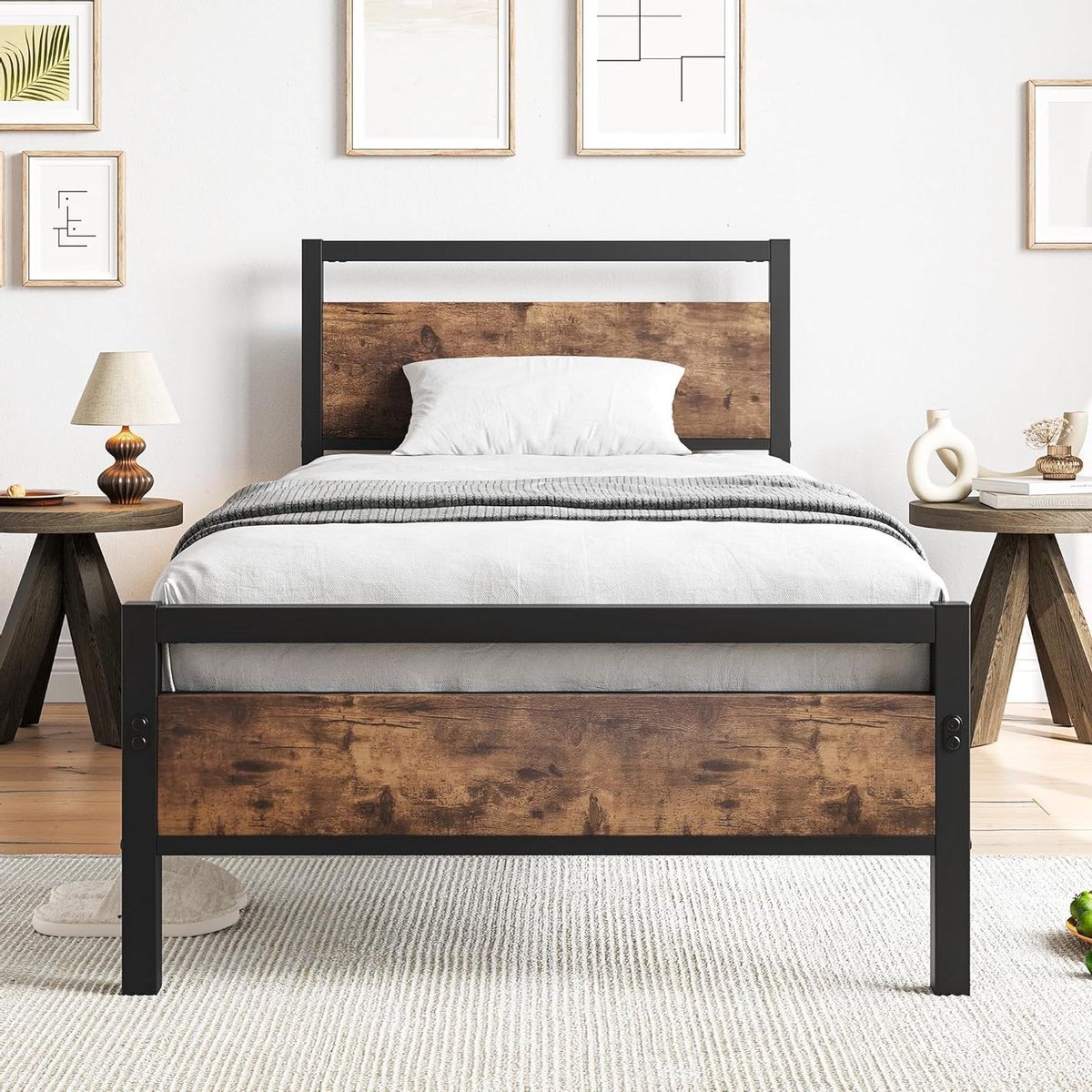 Provento Houten Bedframe 90 x 200 cm - Eenpersoonsbed met Lattenbodem - Bruin/Zwart Any