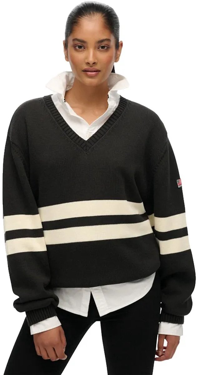Superdry Oversized Gestreepte V-hals Trui Dames Sweaters Dark Charcoal