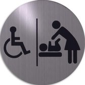 RVS deurbordje pictogram: Invaliden toilet en baby verschonings ruimte | 5 jaar garantie | ROND 82mm Ø | Zelfklevend | Plakstrip