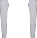 Twee lichtgrijze joggingbroeken met elastische tailleband, van voren en van achteren getoond.