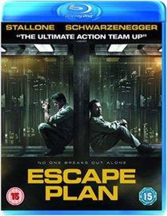 Blu-ray hoes van Escape Plan met Sylvester Stallone en Arnold Schwarzenegger, zittendrug aan rug.