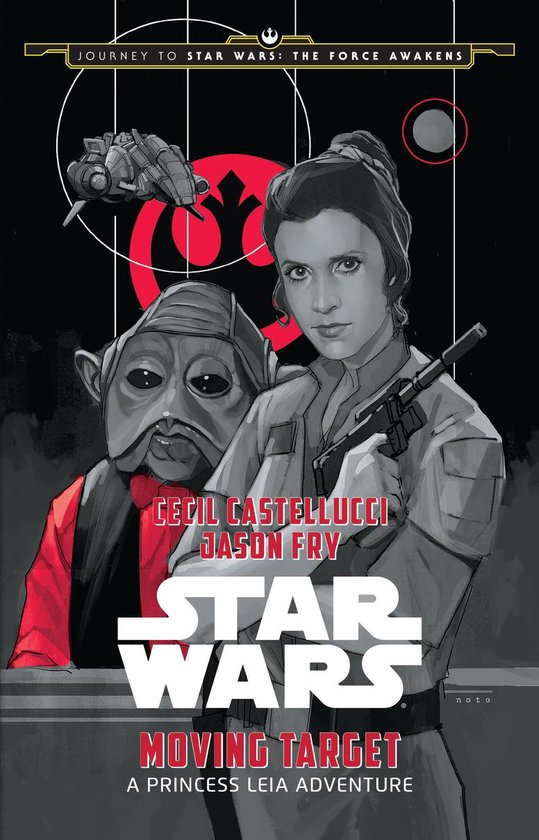 Illustratie van Prinses Leia met een blaster, naast een alien met grote oren. De titel 'Star Wars Moving Target' staat prominent in beeld.