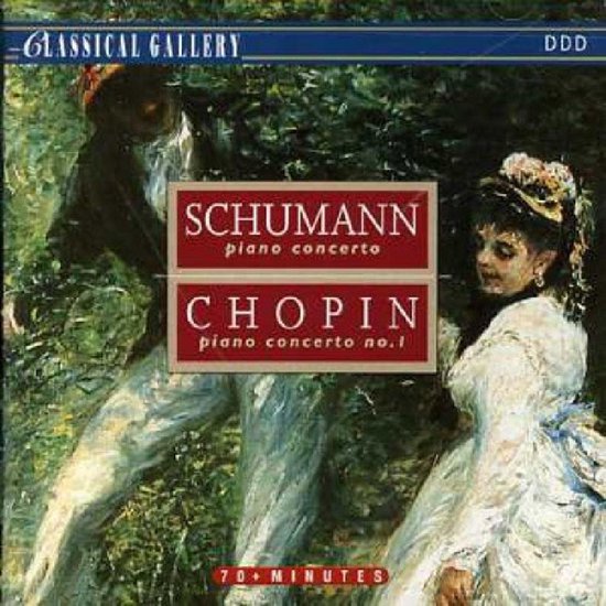 CD-hoes met schilderij van twee personen in een park. Titel: Schumann piano concerto, Chopin piano concerto no.1.