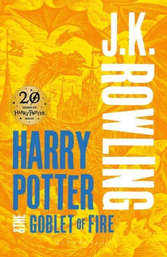 Boekomslag van Harry Potter & de Vuurbeker, met J.K. Rowling's naam, geel met oranje afbeeldingen van draken en kastelen.