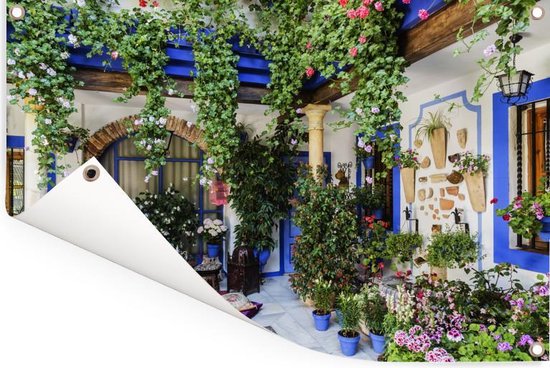 Poster carré coloré dans le jardin espagnol de Cordoue 120x80 cm - Toile de jardin / Toile d'extérieur / Peintures pour l'extérieur (décoration de jardin)