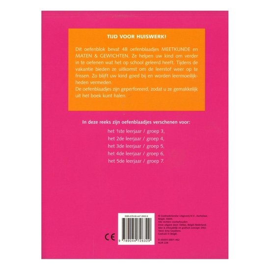 Arrière d'un cahier d'exercices intitulé "Tijd voor huiswerk". Orange et rose avec des informations sur le contenu et la série.
