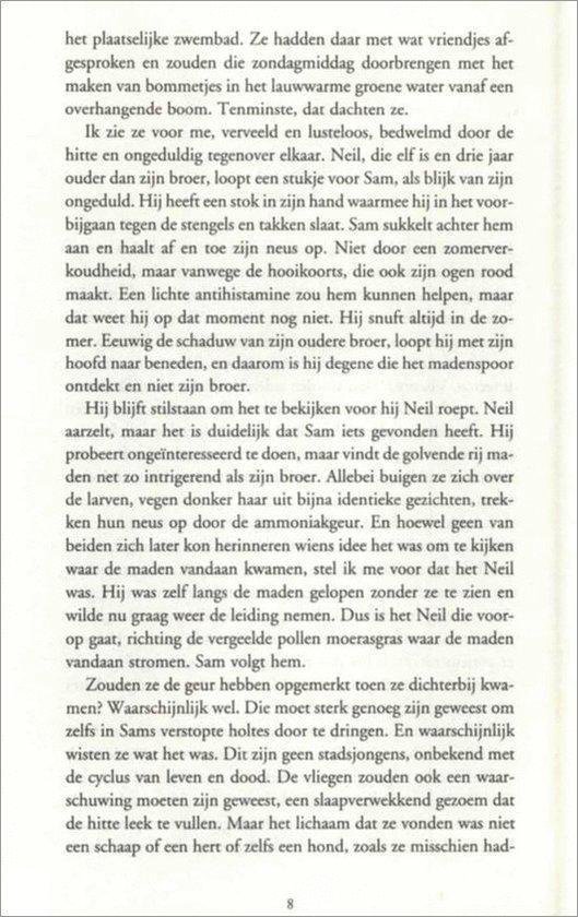 Pagina uit een boek met Nederlandse tekst, beginnend met 'het plaatselijke zwembad. Ze hadden daar met wat vriendjes af...'
