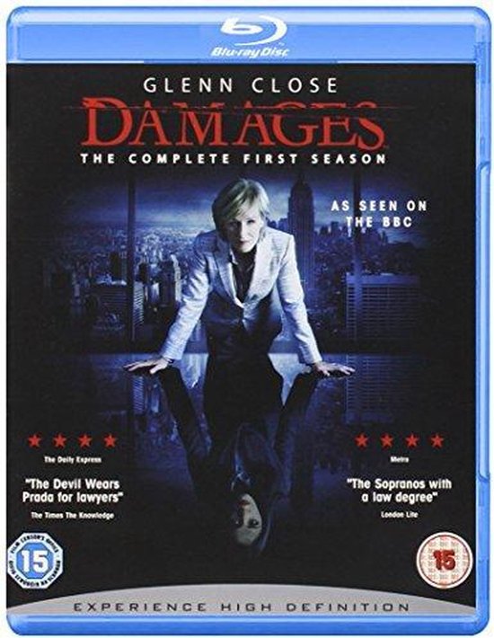 Voorkant Blu-ray hoes van de serie Damages seizoen 1 met Glenn Close op de voorgrond