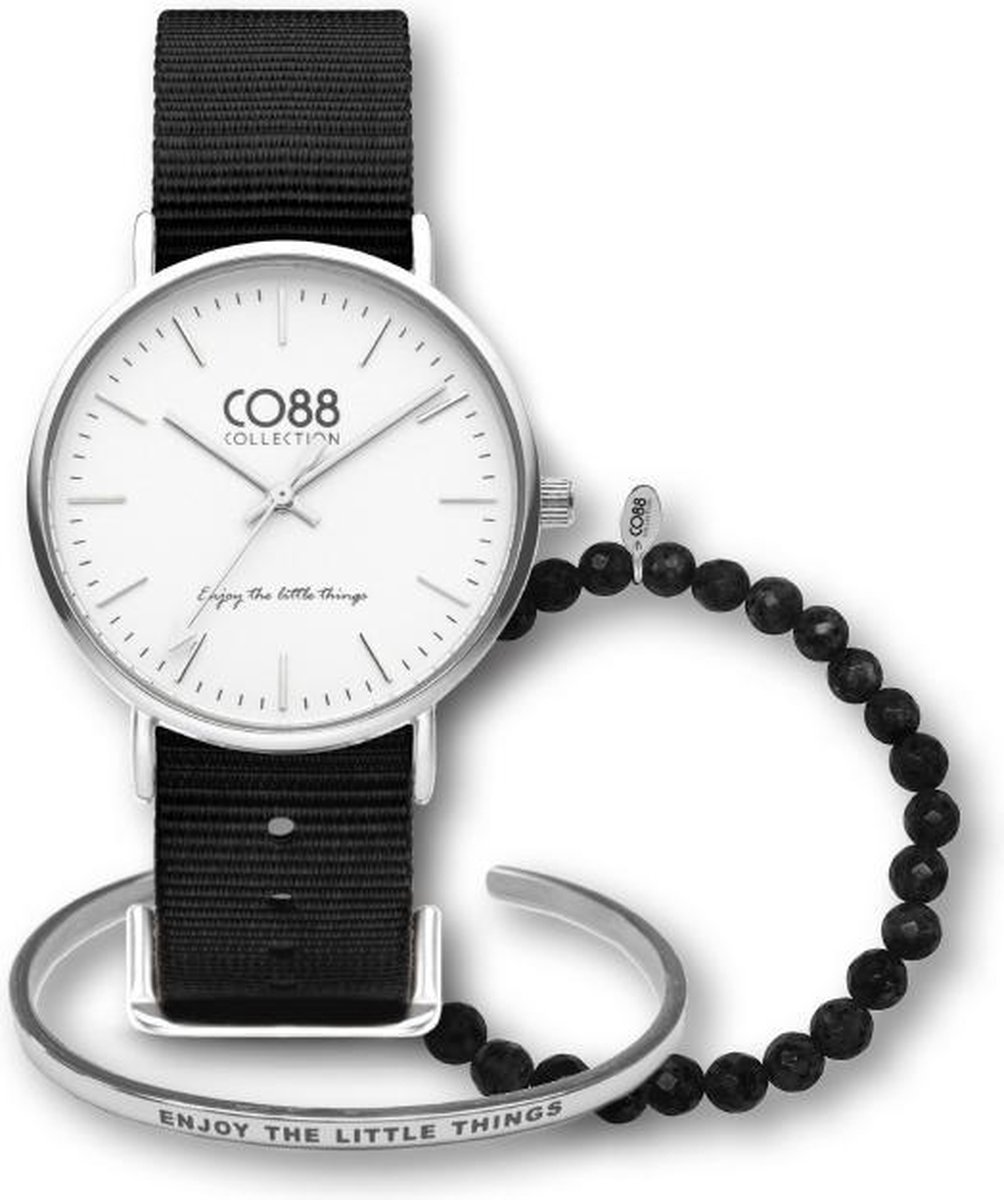 CO88 Collection Gift Set 8CB 99089 Horloge Geschenkset - Stalen en Natuurstenen armbanden - Nato Band - Ø 36 mm - Zwart - Zilverkleurig