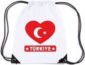Turkije nylon rijgkoord rugzak/ sporttas wit met Turkse vlag in hart