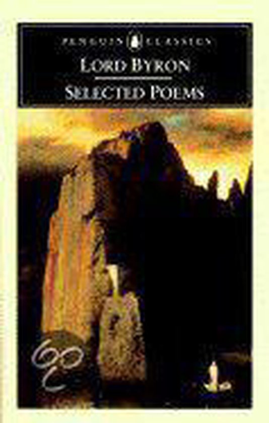 Boekcover van 'Selected Poems' van Lord Byron, met een afbeelding van een stenen monument bij zonsondergang.