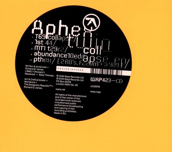 Zwarte label met witte tekst, 'Aphex Twin Collapse EP', catalogusnummer WAP423-CD.