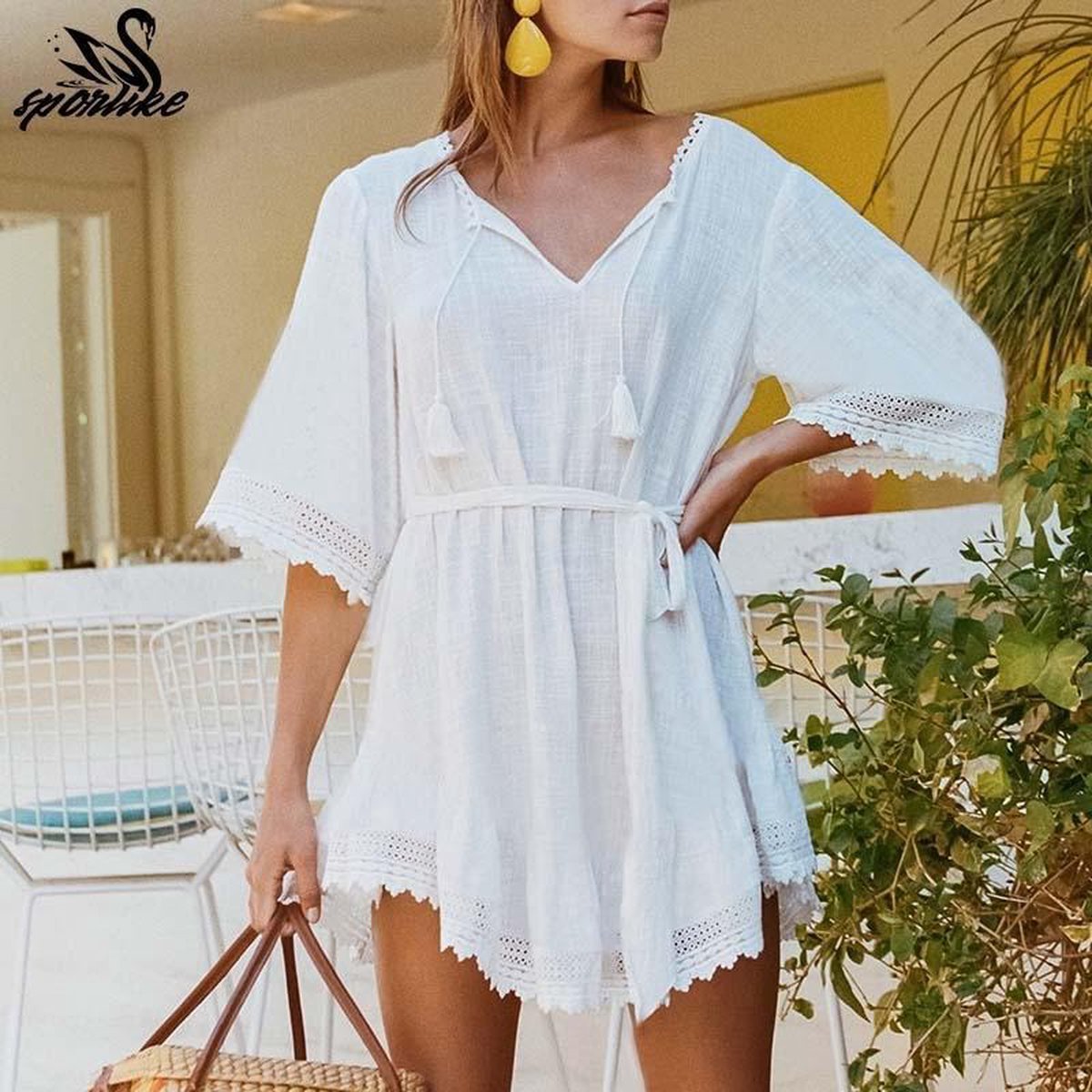 Bikini wit strand jurk katoen Lace Cover-ups zwempak grootte: één  Size(White) | bol