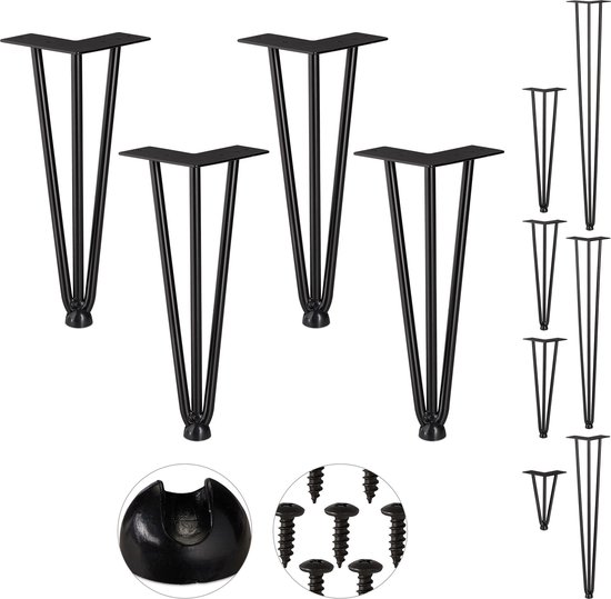 Relaxdays hairpin poten - set van 4 - meubelpoten - tafelpoten metaal zwart - vintage - 3 stangen