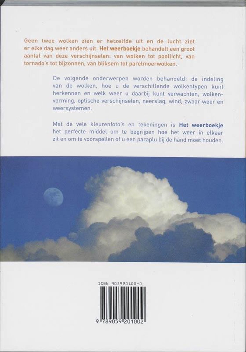 Achterkant weerboekje met foto van cumulonimbuswolk en maan. ISBN 9059201000.