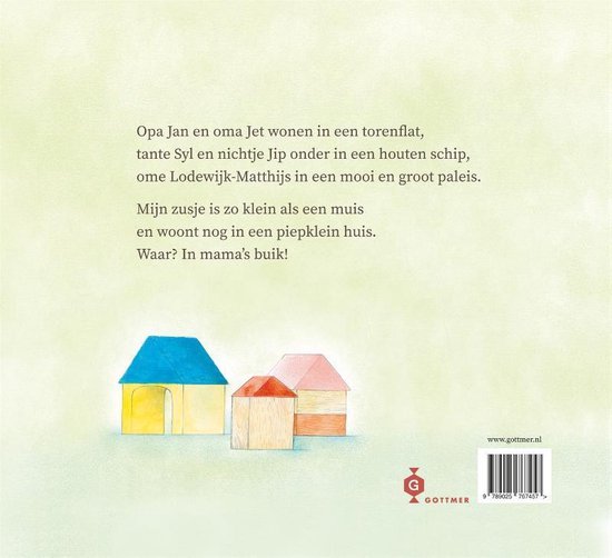 Achterkant boek met tekst en een tekening van drie kleine huisjes.