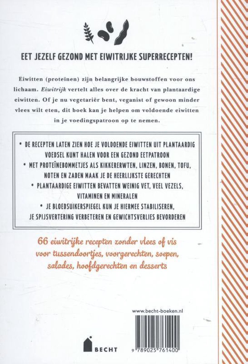 De achterkant van het boek 'Eiwitrijk' met tekst over plantaardige eiwitten en vegetarische recepten. Bevat een streepjespatroon aan de rechterkant.