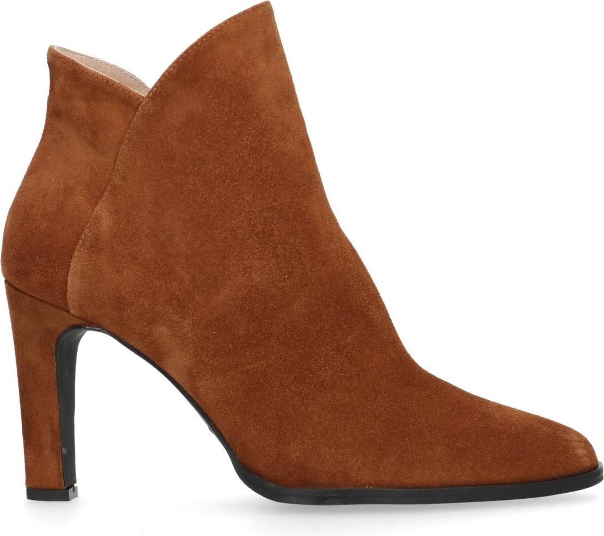 Manfield Dames Cognac suède enkellaarsjes met hak - Schoenen.nl