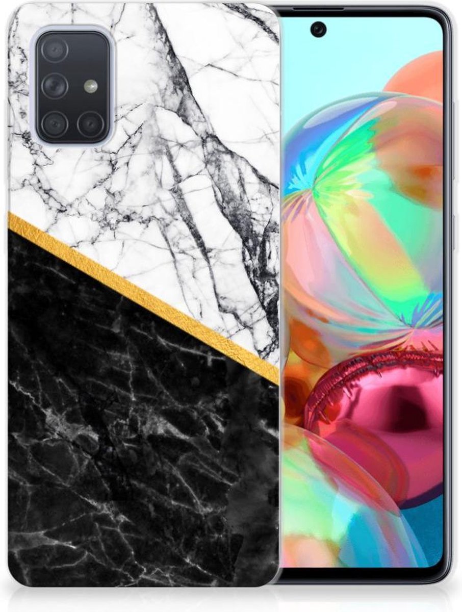 Samsung Galaxy A71 TPU Siliconen Hoesje Marmer Wit Zwart - Origineel Cadeau Man