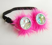 KIMU Goggles Steampunk Bril - Roze Bont Montuur - Caleidoscoop Glazen - Fluffy Spacebril Nepbont Fake Fur Pluche Burning Man Kaleidoscope Festival