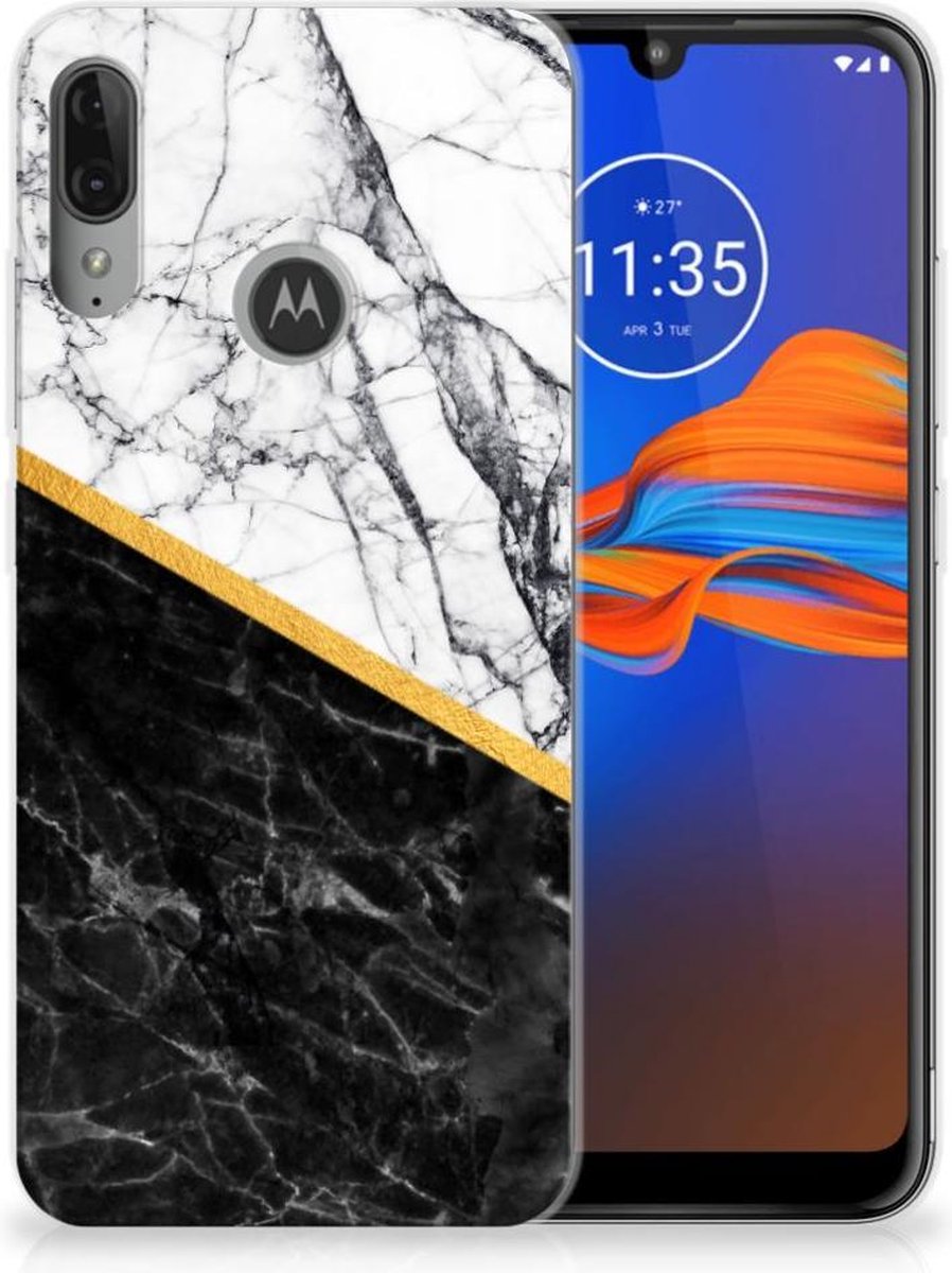 Motorola Moto E6 Plus TPU Siliconen Hoesje Marmer Wit Zwart - Origineel Cadeau Man