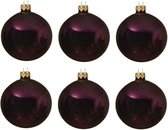 6x Aubergine paarse glazen kerstballen 6 cm - Glans/glanzende - Kerstboomversiering aubergine paars