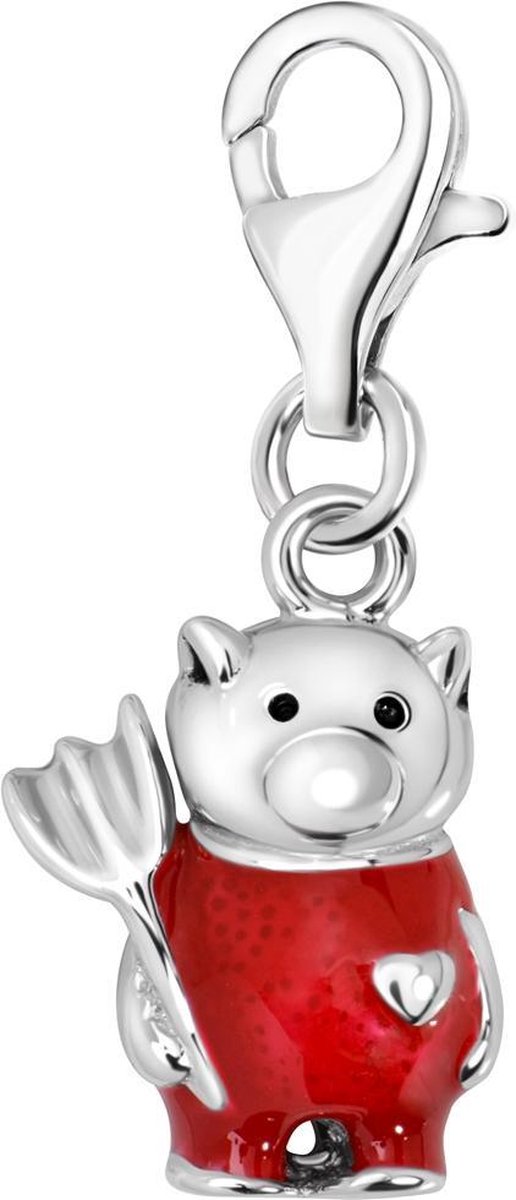 Quiges – 925 - Zilver – Charm - Bedel - Hanger - 3D Duiveltje Varken - met – sterling - zilver - karabijnslot - geschikt - voor - Bedelarmband HC298