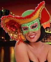 Venetiaanse hoed met oogmasker dame carnaval rood - geel - groen