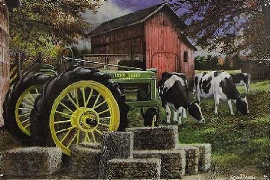 Cows and John Deere. Metalen wandbord 30 x 45 cm.