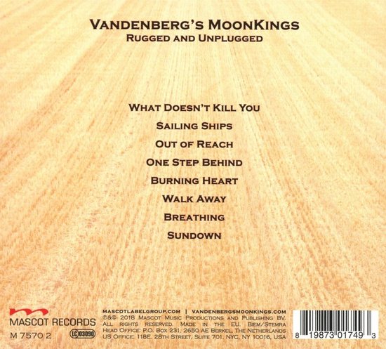 Achterkant albumhoes 'VANDENBERG'S MOONKINGS RUGGED AND UNPLUGGED' met tracklist en barcode.