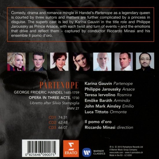 Albumhoes met tekst over "Partenope" van Handel, met foto's van de cast en productiedetails.