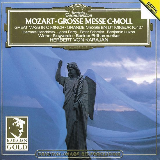 Cover van de "Grosse Messe C-Moll" met een beeld van een engel met sluier en tekst: "Deutsche Grammophon", "Mozart Grosse Messe C-Moll", "Karajan Gold".