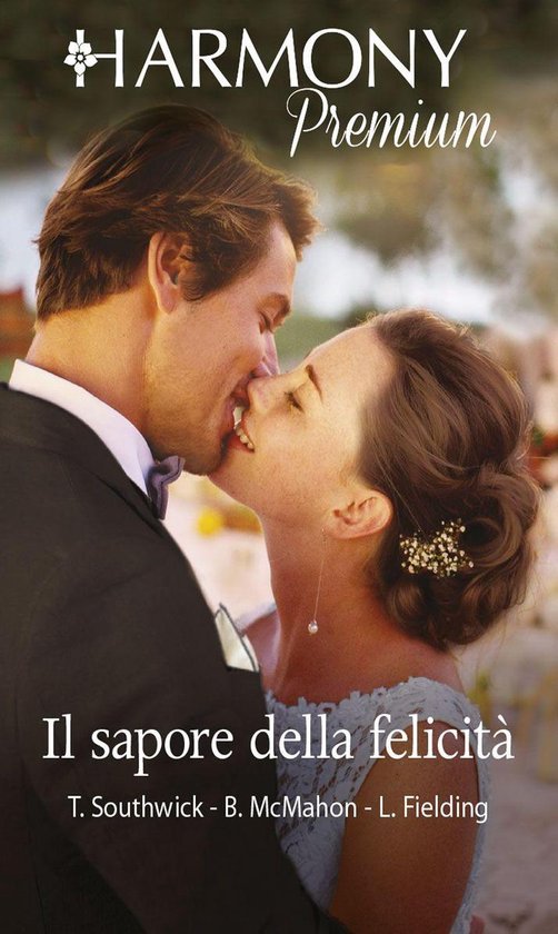 Een bruid en bruidegom kussen. Tekst: "Il sapore della felicità" en "HARMONY Premium".